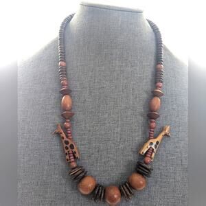 Vintage African Tribal Wood Beaded Giraffe Whimsy Ethnic Bohemian Style Necklace